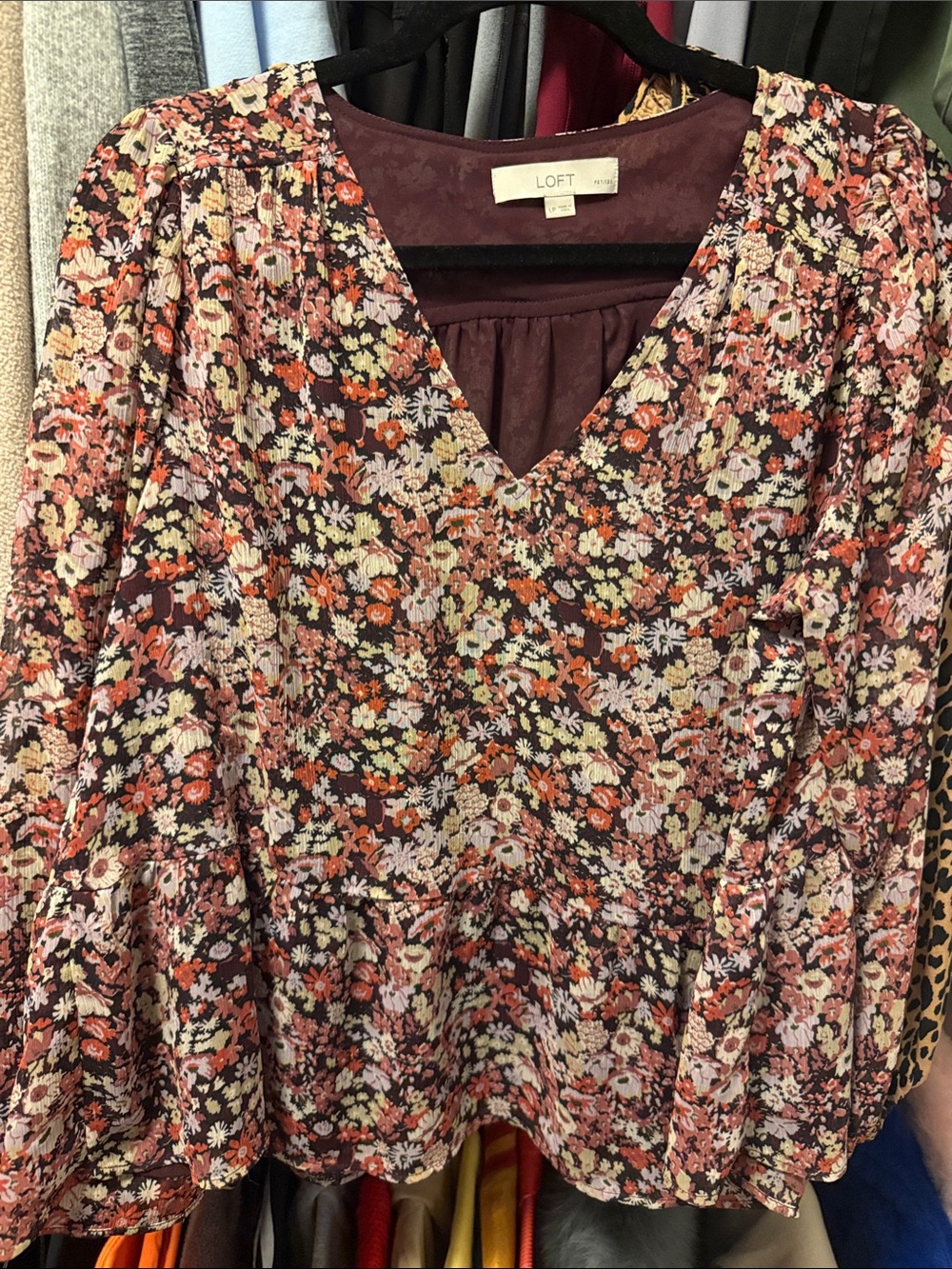 LOFT Plum Floral V-Neck Peplum Top with Pink and Orange Accents